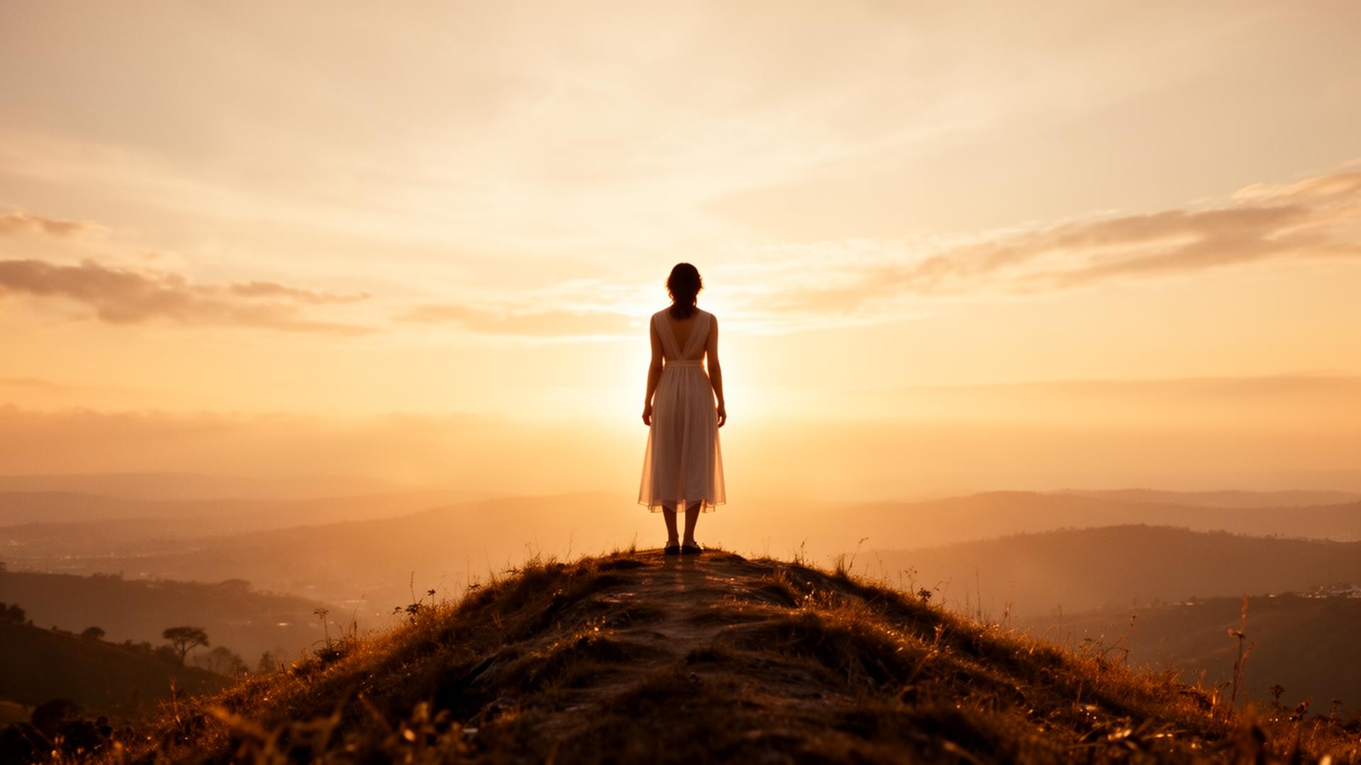 A figure overlooking vast horizons at golden hour